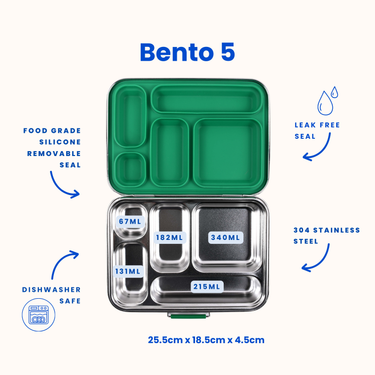 Bento 5 Green Stainless Steel Lunch Box-Kinnder