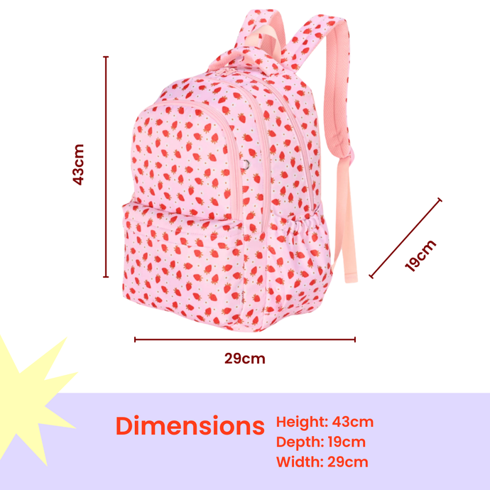 Campus backpack in strawberry fields print with front pocket and side bottle holders, dimensions 29 cm width, 19 cm depth, 43 cm height