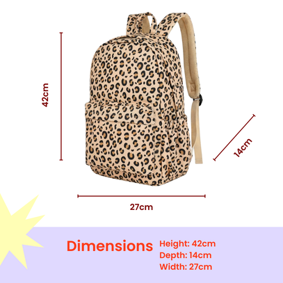 Junior backpack in leopard print with front pocket and side bottle holders, dimensions 27 cm width, 14 cm depth, 42 cm height