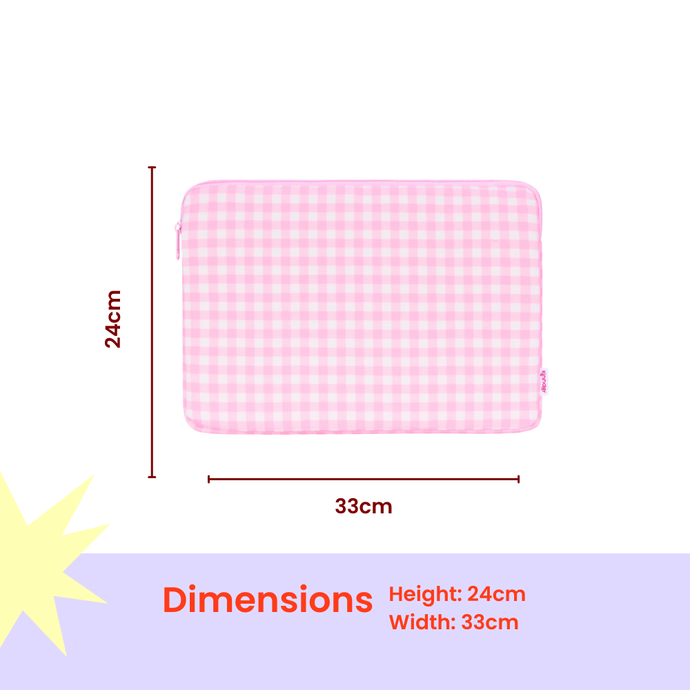 Pink gingham print laptop sleeve with zip closure, dimensions 33 cm width and 24 cm height