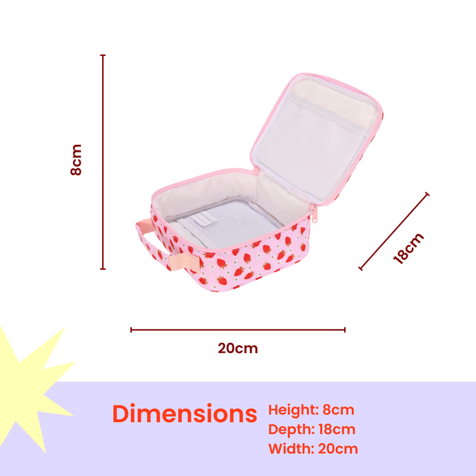 Strawberry Fields print mini lunch bag with insulated interior and zip closure, dimensions 20 cm width, 18 cm depth, 8 cm height