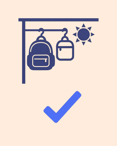 Two backpacks on a hook with a sun icon above them on a beige background.