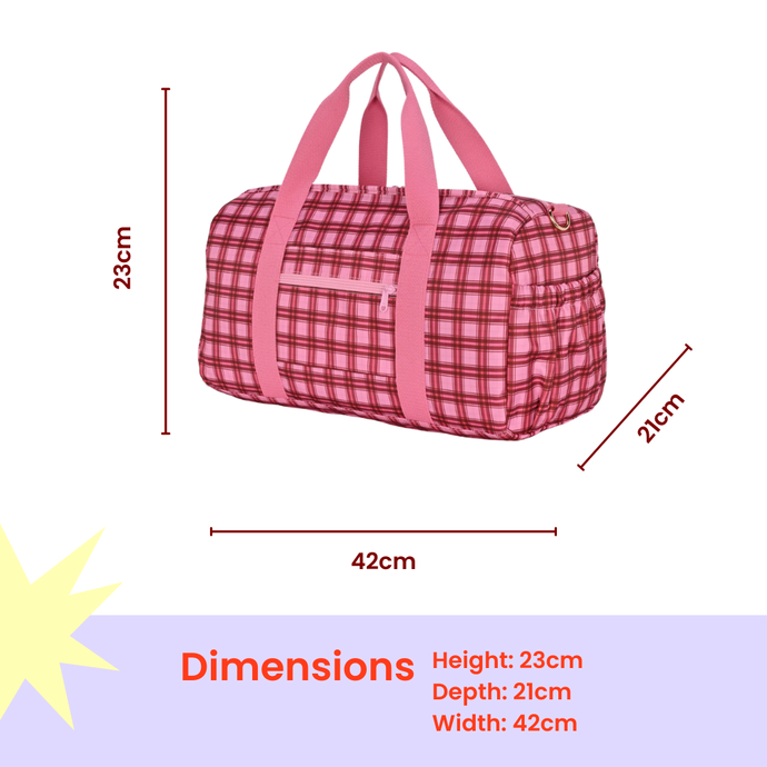 Berry tarte print duffle bag with top handles and zip closure, dimensions 42 cm width, 21 cm depth, 23 cm height