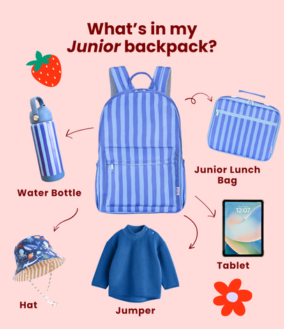 paros junior backpack with items labeled on a pink background
