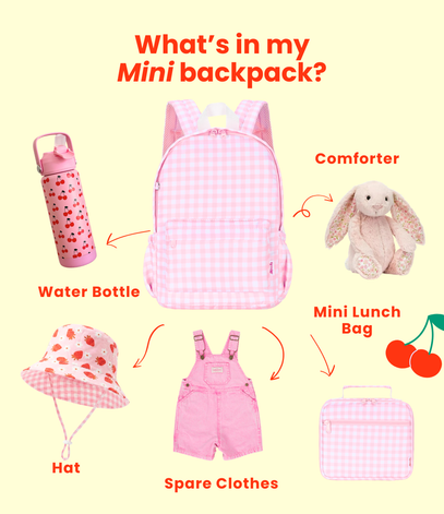 Pink gingham backpack with labeled items on a yellow background