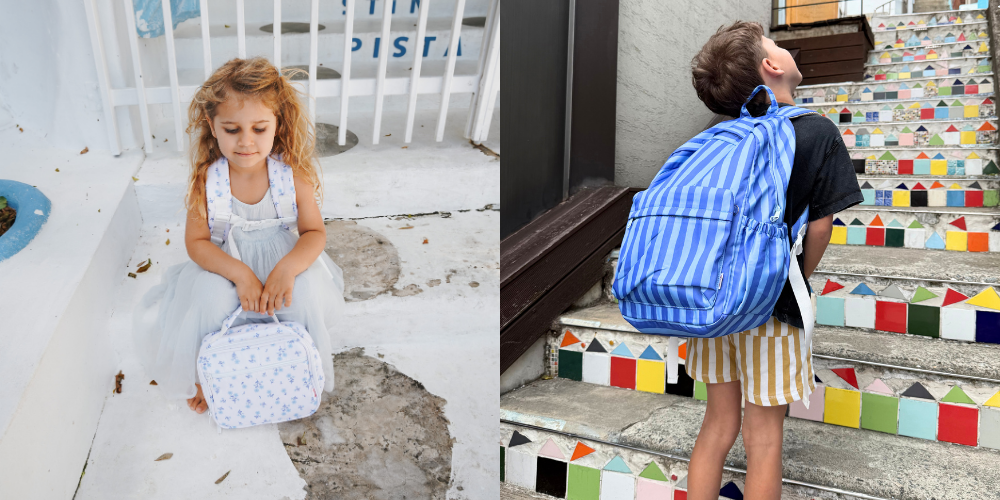 girl wearing delilah mini backpack and lunch bag and a boy wearing paros junior backpack