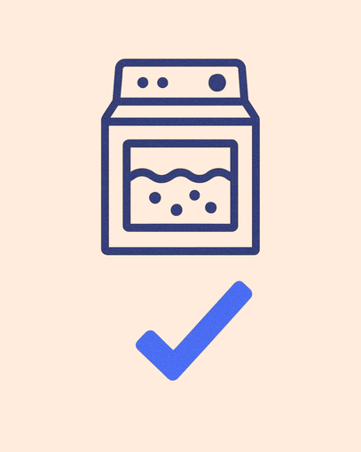 Icon of a washing machine with water and bubbles, followed by a blue check mark on a beige background.