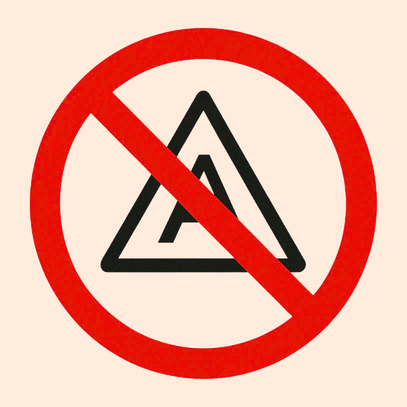 Prohibition symbol with a black triangle inside a red circle on a beige background