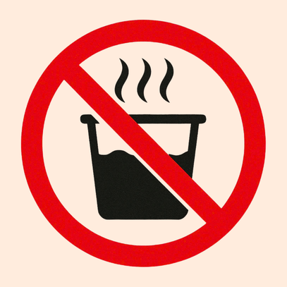Prohibition sign with a black pot and steam icon inside a red circle on a beige background