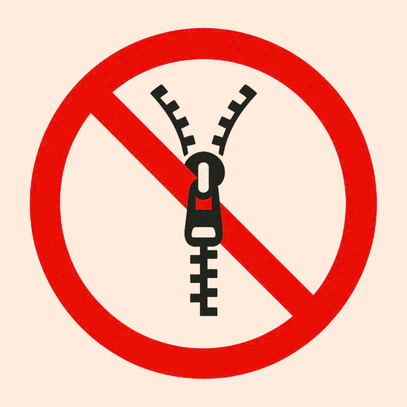 No zippering symbol with a red circle and diagonal line on a beige background